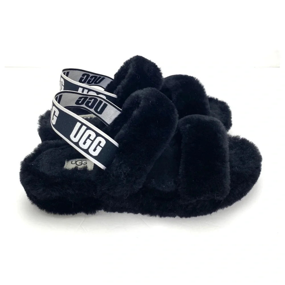 Ugg Oh Yeah Fur Double Strap Flat Sandals In Black Size 10